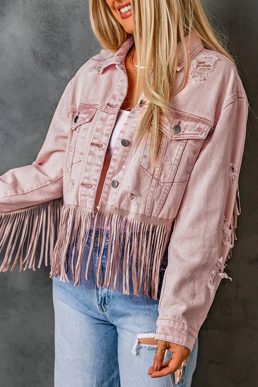 Distressed Fringed Cropped Denim Jacket