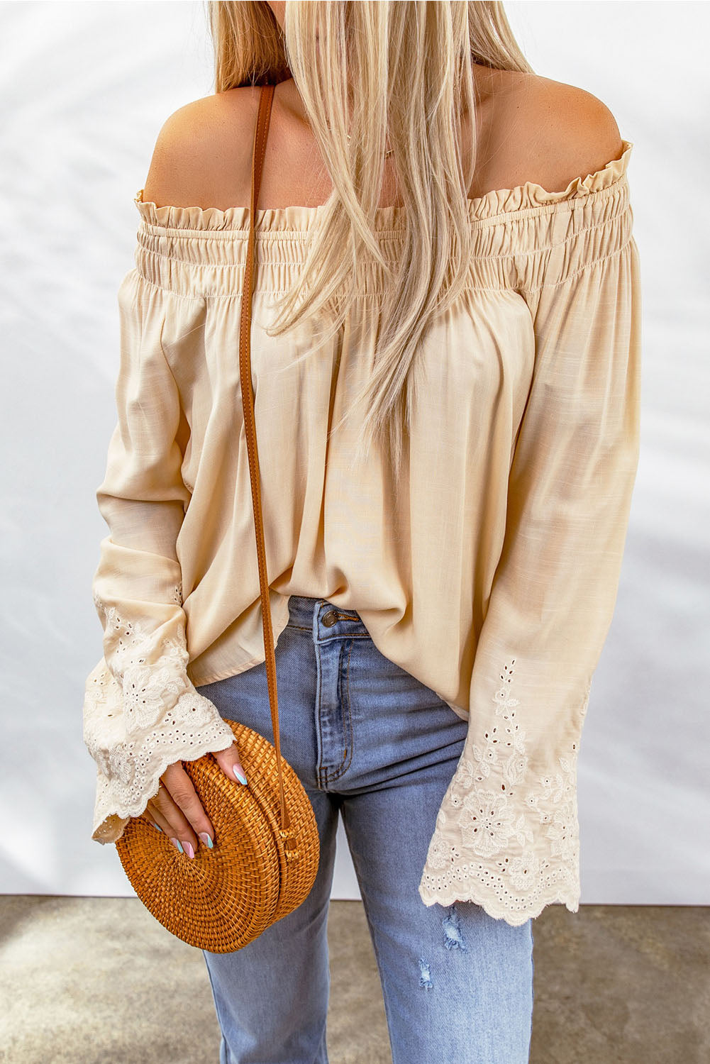 Apricot Lace Keyhole Crochet Shirred Off Shoulder Blouse