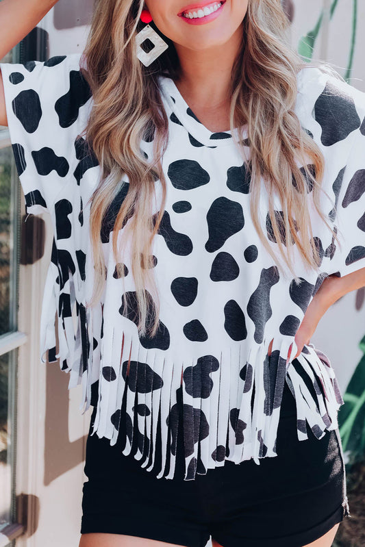 White Fringe Cow Print Short Sleeve Top