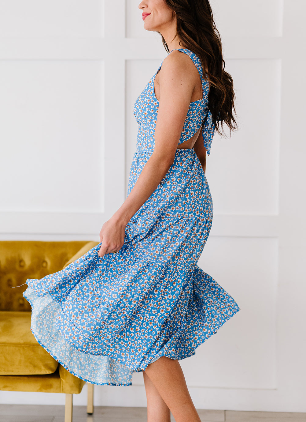 Sky Blue Floral Tie Back Long Dress