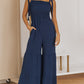 Blue Tie Straps Shirred Bodice Tiered Wide Leg Jumpsuit
