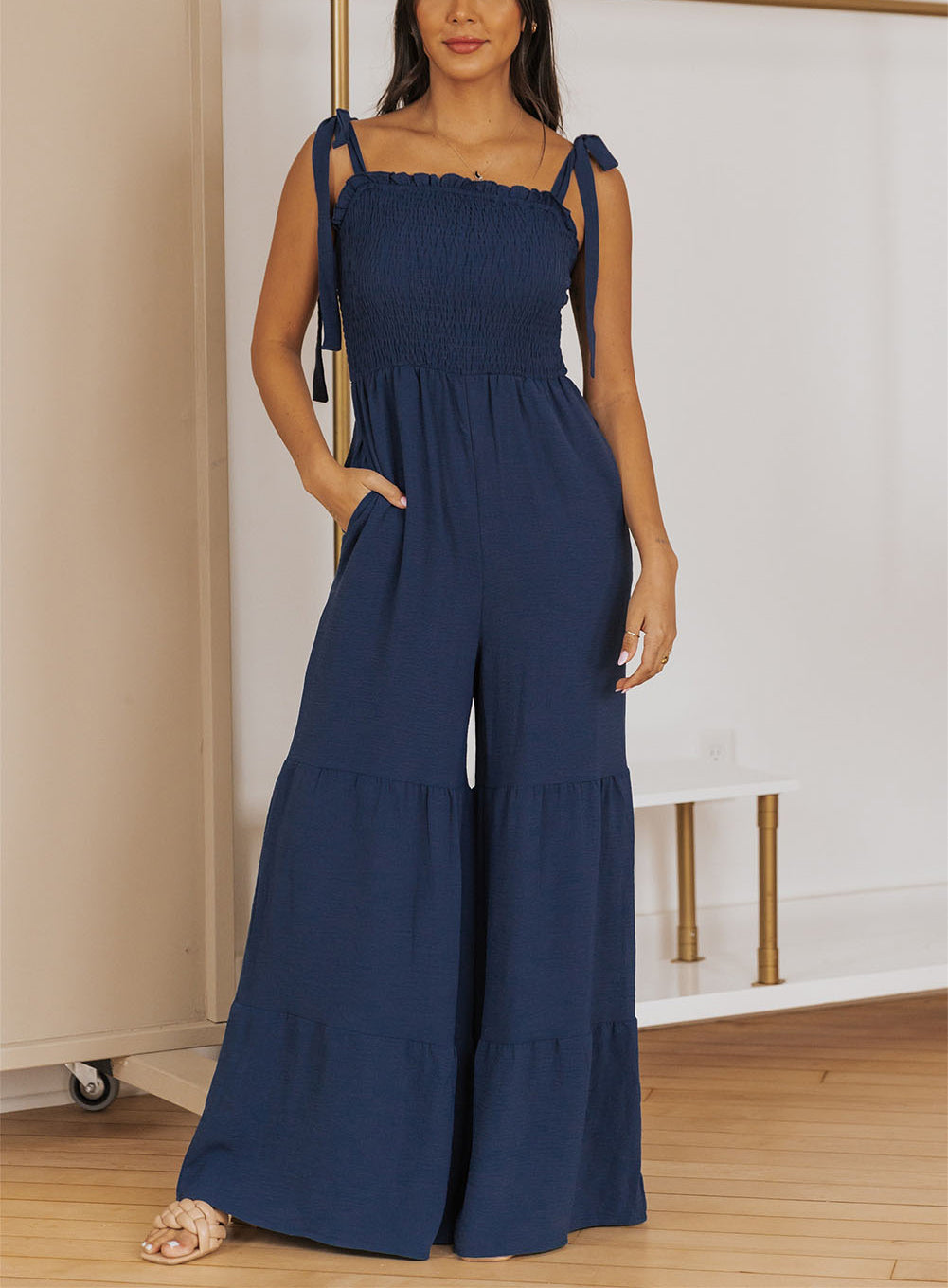 Blue Tie Straps Shirred Bodice Tiered Wide Leg Jumpsuit