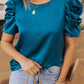Blue Ruched Puff Short Sleeve Satin Blouse