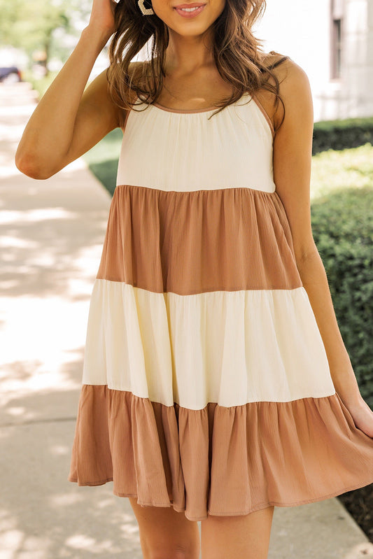 Brown Colorblock Tie Straps Slip Dress