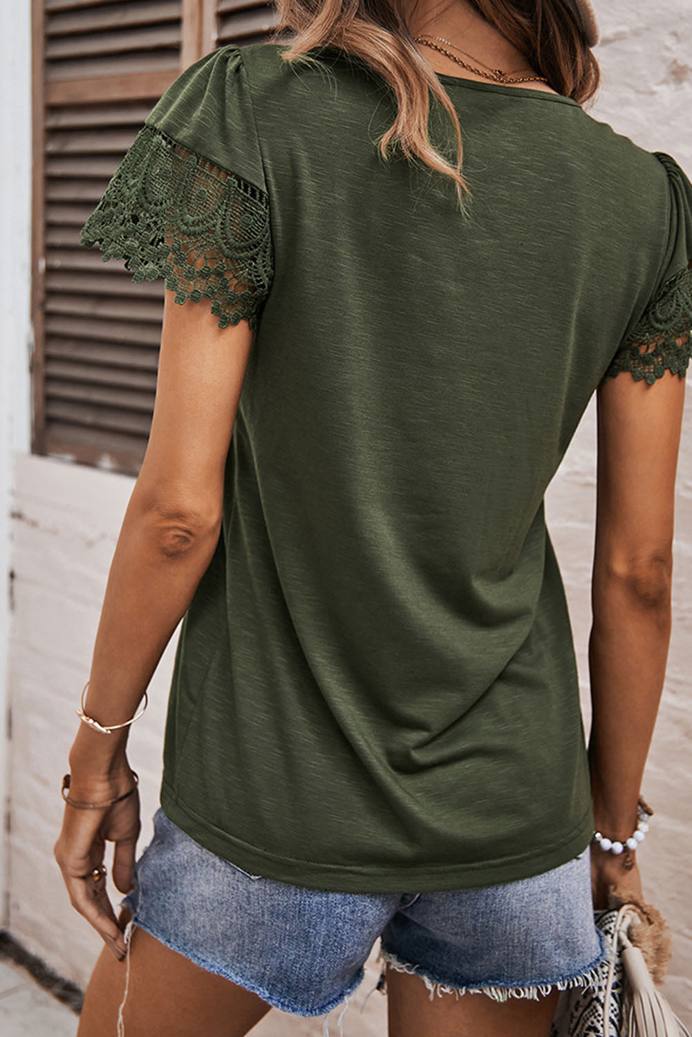 Green Square Neck Lace Patchwork Top