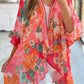 Pink Floral Print Ruffled 3/4 Sleeve Loose Fit Kimono
