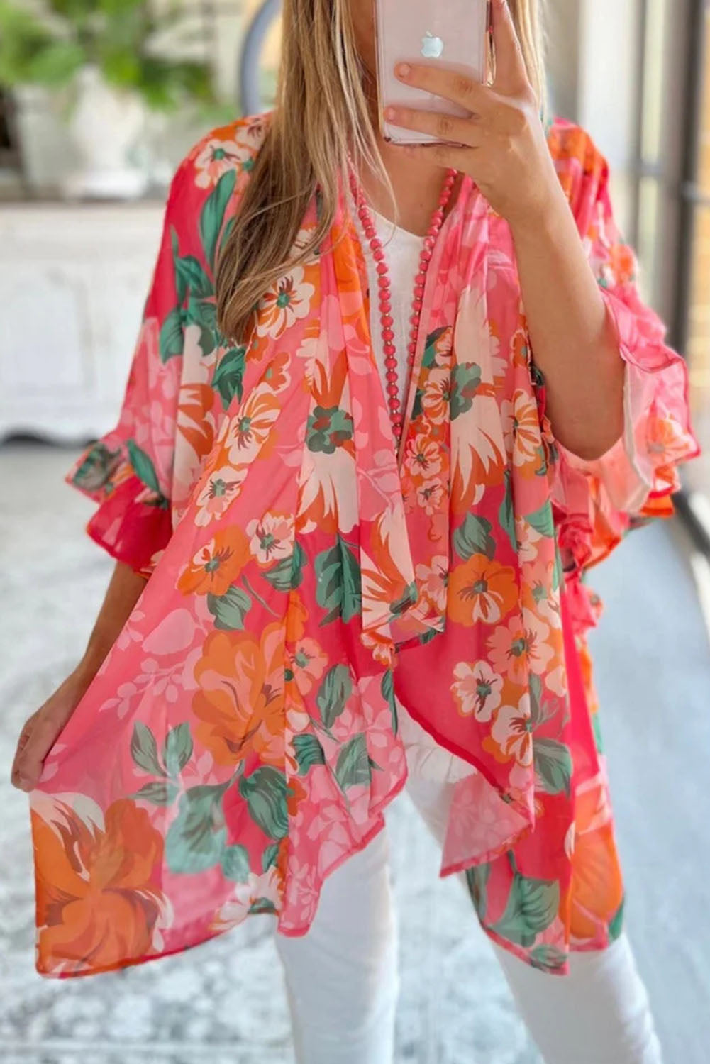 Pink Floral Print Ruffled 3/4 Sleeve Loose Fit Kimono