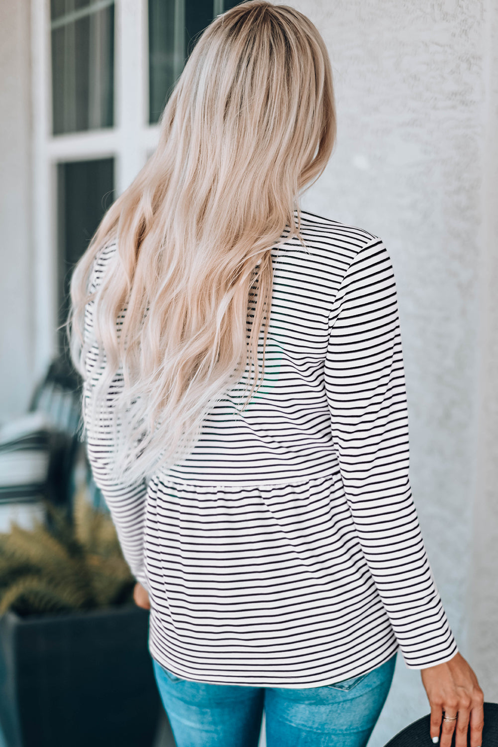 Flowy A-line Stiped Print Long Sleeve Top