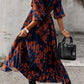 Orange V Neck Wrap Pleated Maxi Floral Dress with Tie