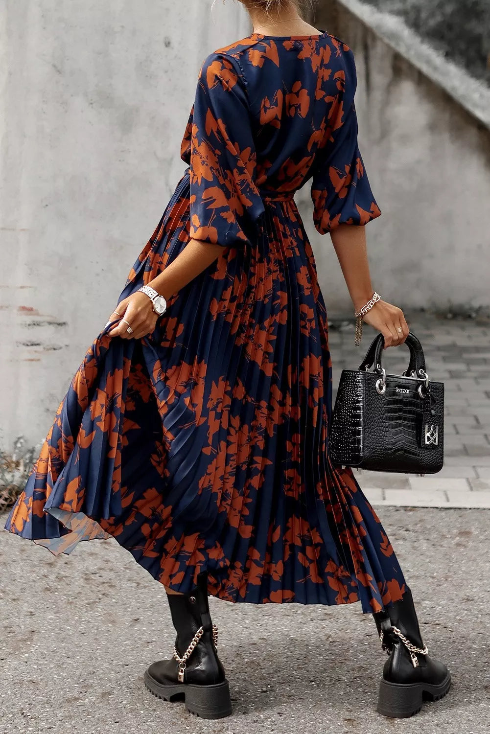 Orange V Neck Wrap Pleated Maxi Floral Dress with Tie