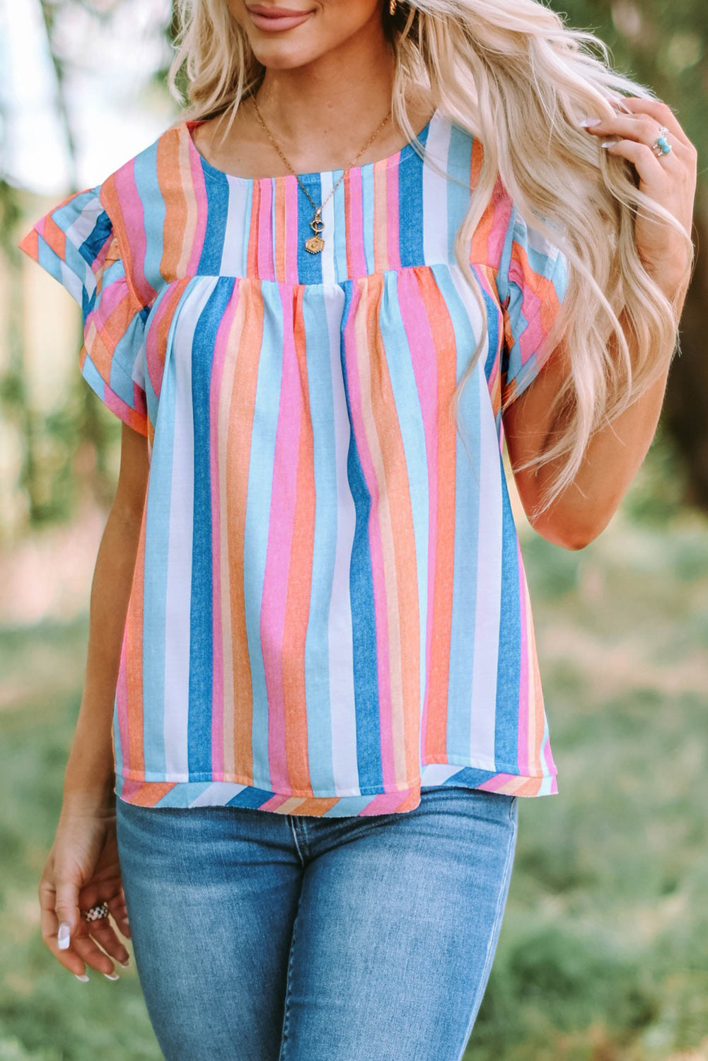 Rose Striped Tiered Ruffle Cap Sleeve Top
