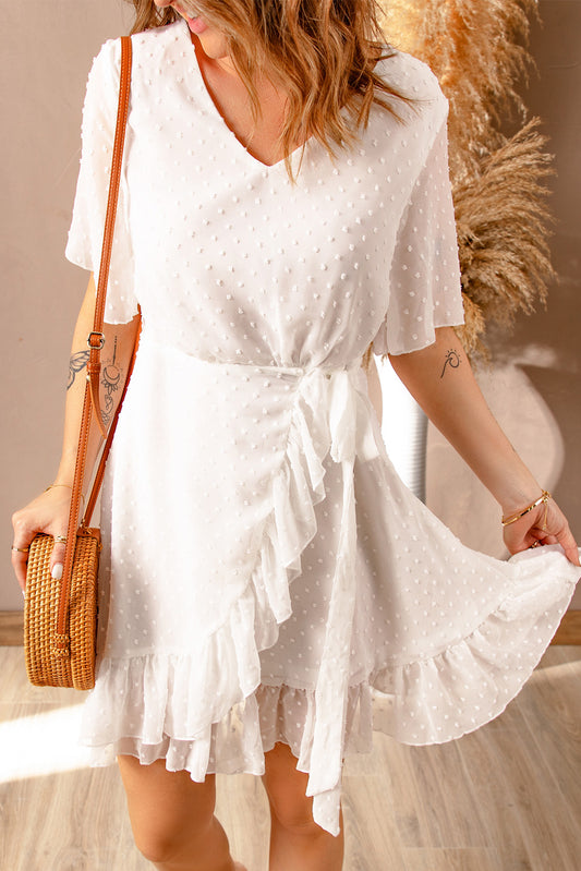 White Swiss Dot Ruffle Hem Short Dress