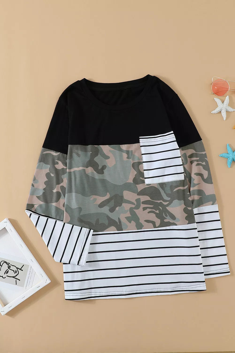 Striped Patchwork Long Sleeve Top with Pocket