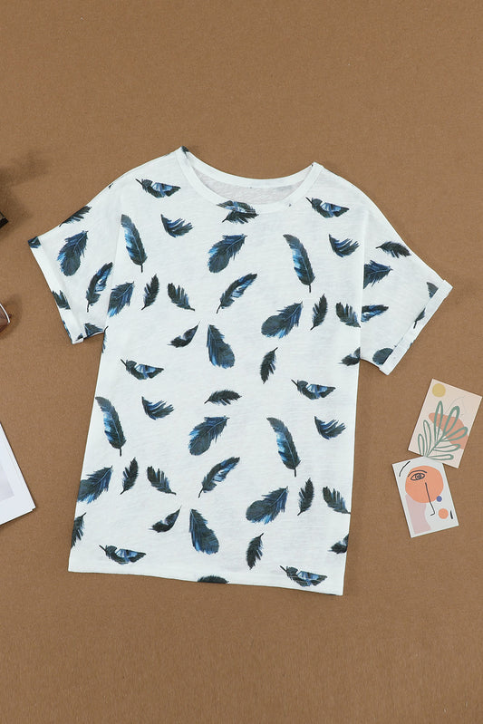 White Feather Print Short Sleeve Tee
