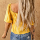 Yellow Ruched Buttoned Puff Sleeve Blouse