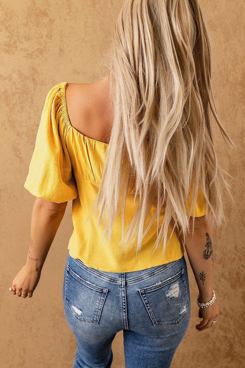Yellow Ruched Buttoned Puff Sleeve Blouse