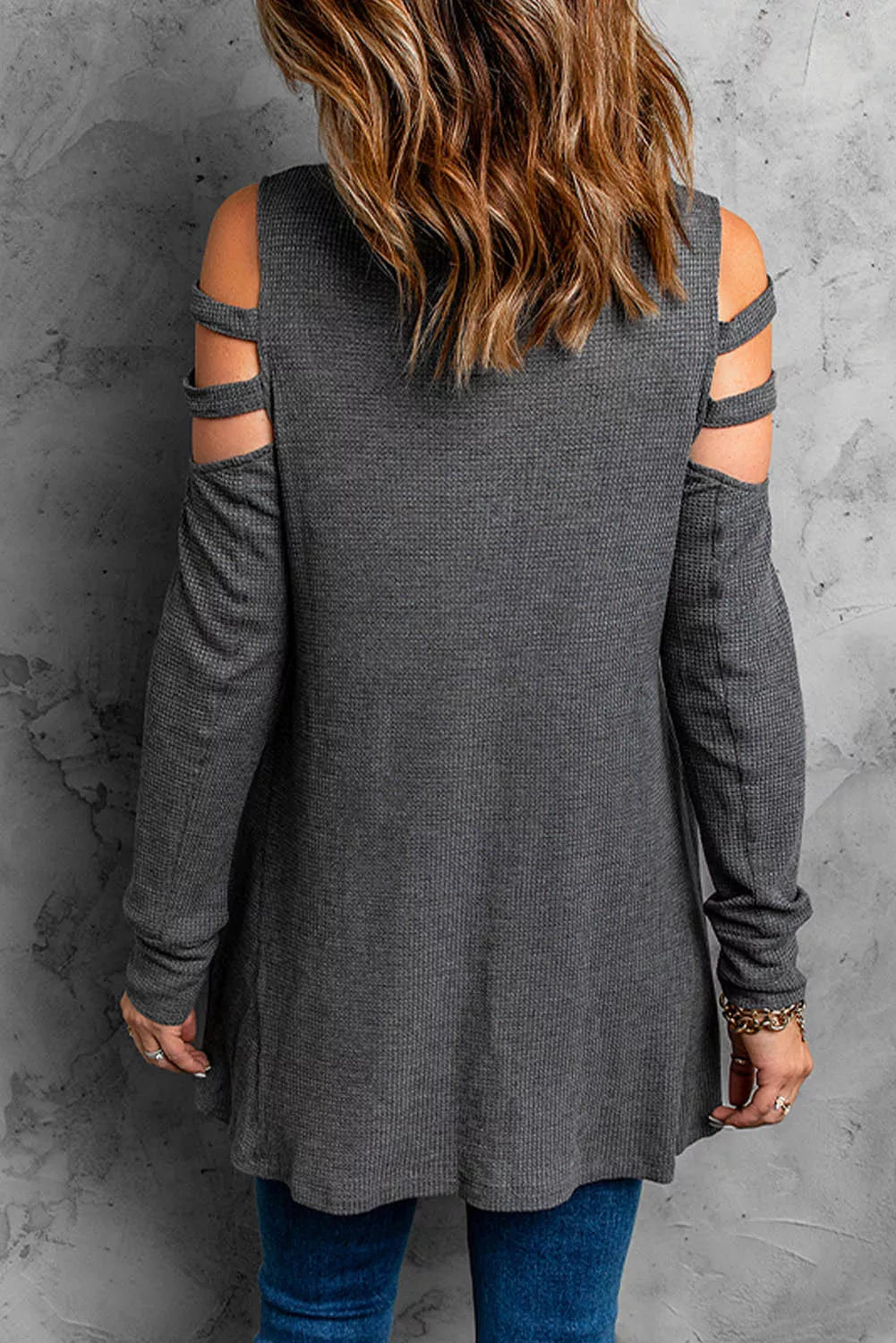Zip Neck Cut-out Waffle Knit Long Sleeve Top