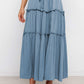 Blue Solid Layered Ruffled Drawstring High Waist Maxi Skirt