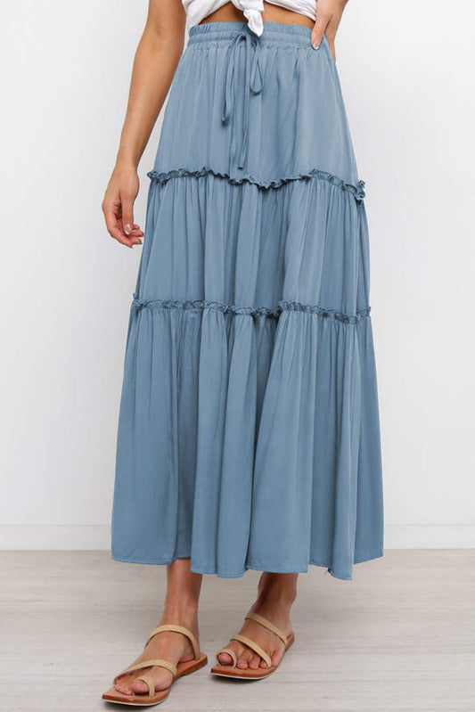 Blue Solid Layered Ruffled Drawstring High Waist Maxi Skirt