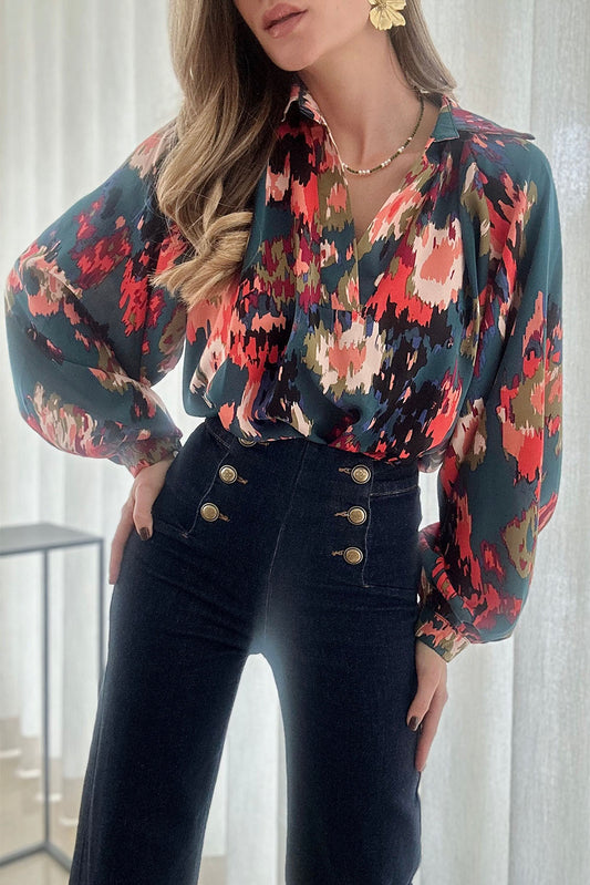 Graffiti Printed V Neck Puff Sleeve Blouse