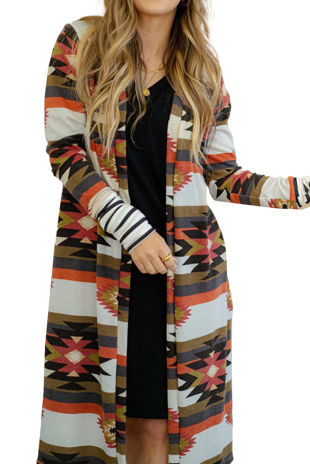 Geometric Color Block Open Front Long Cardigan