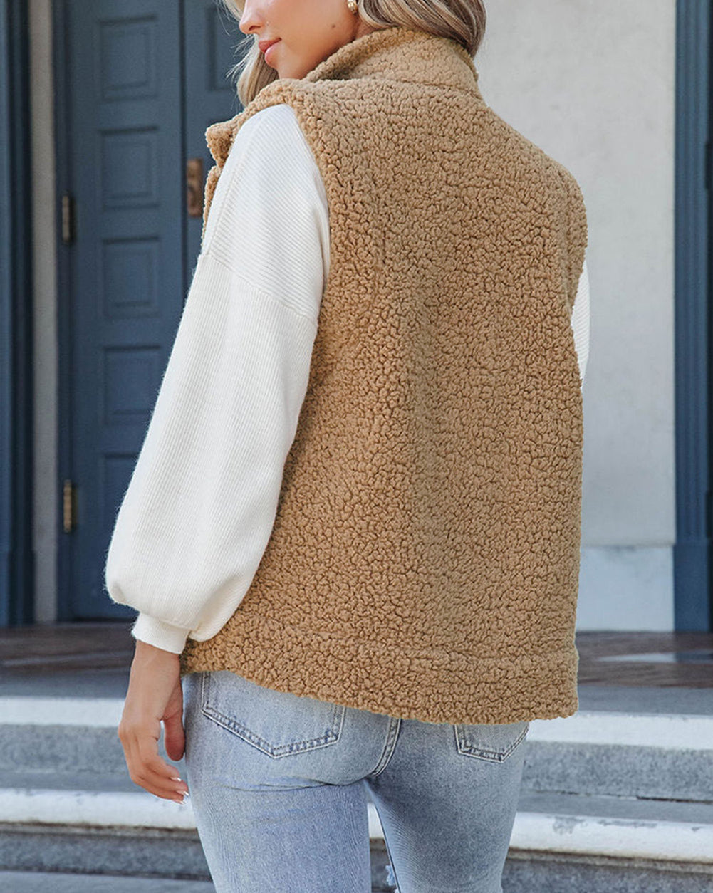 Snap Button Pocketed Sherpa Vest Jacket