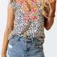Leopard Ruffle Sleeve Embellished V-neck Blouse