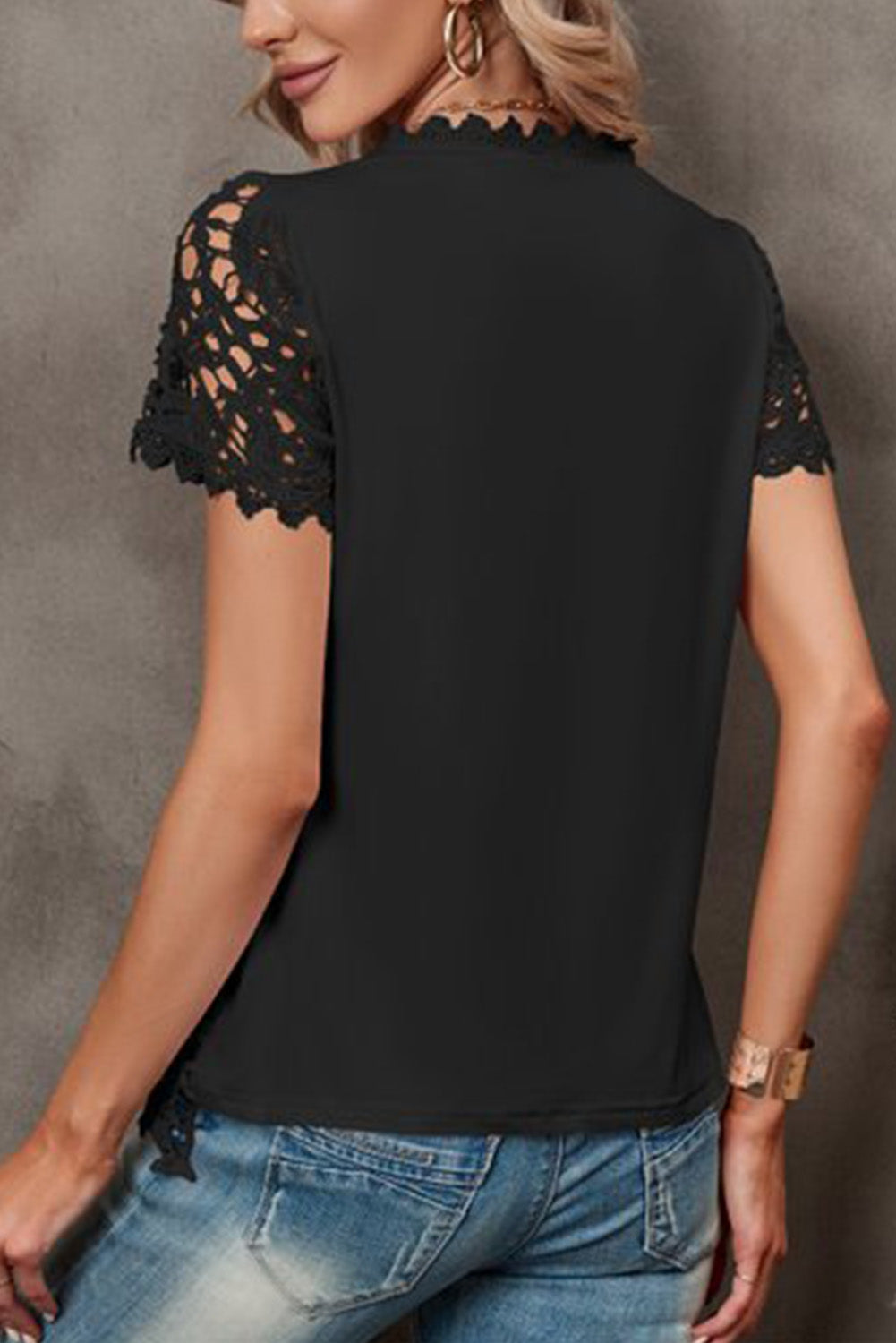 Black Lace Overlay Short Sleeve Top