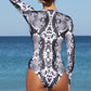 Print Zipper Cut-out Rash Guard Swimsuit