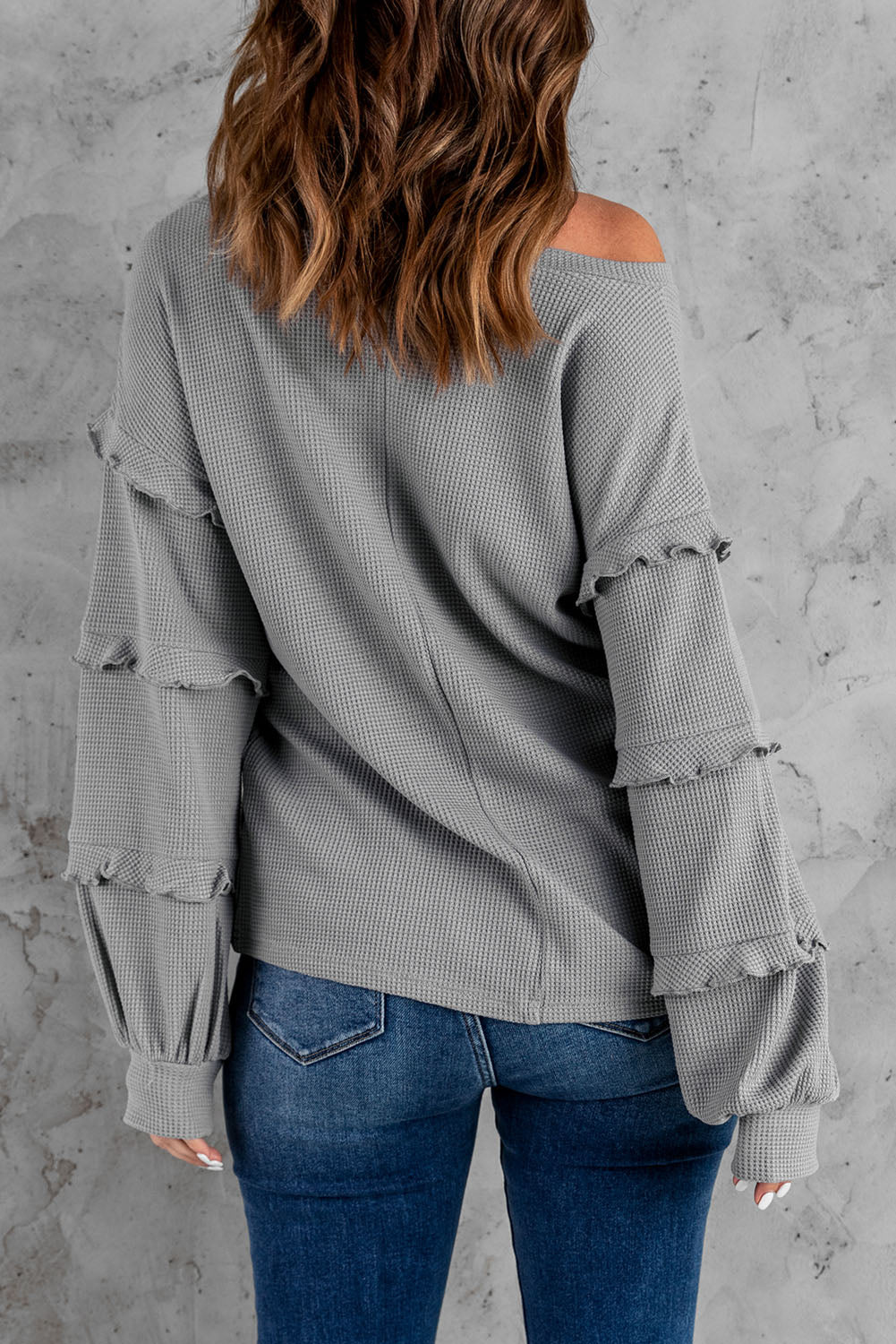 Waffle Ruffled V Neck Loose Knit Top