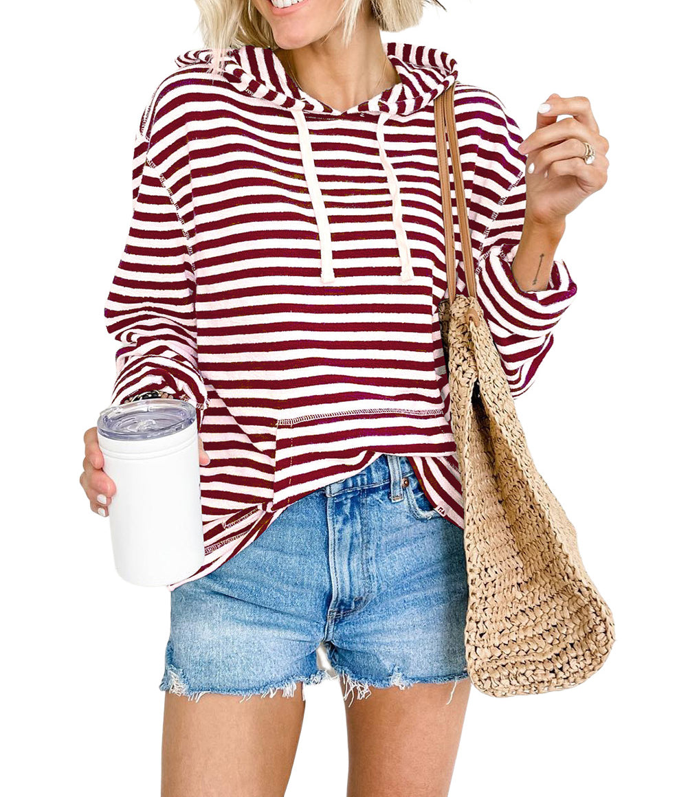 Stripe Kangaroo Pocket Drawstring Hoodie