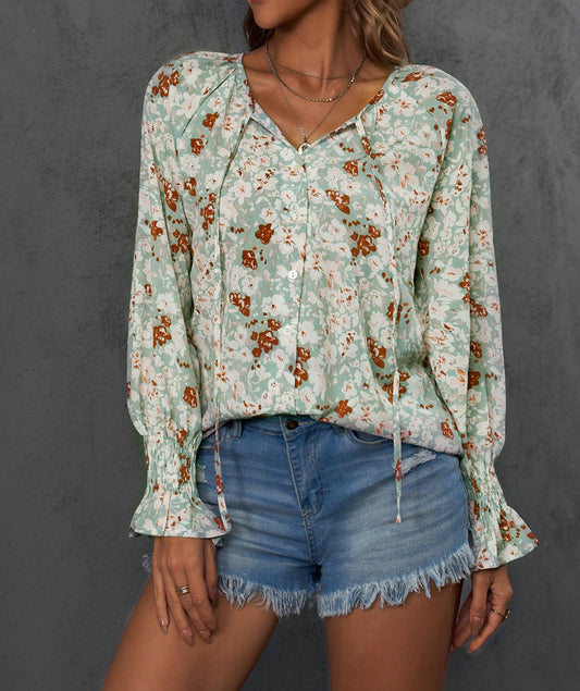 Floral Print Tie V Neck Button Up Blouse