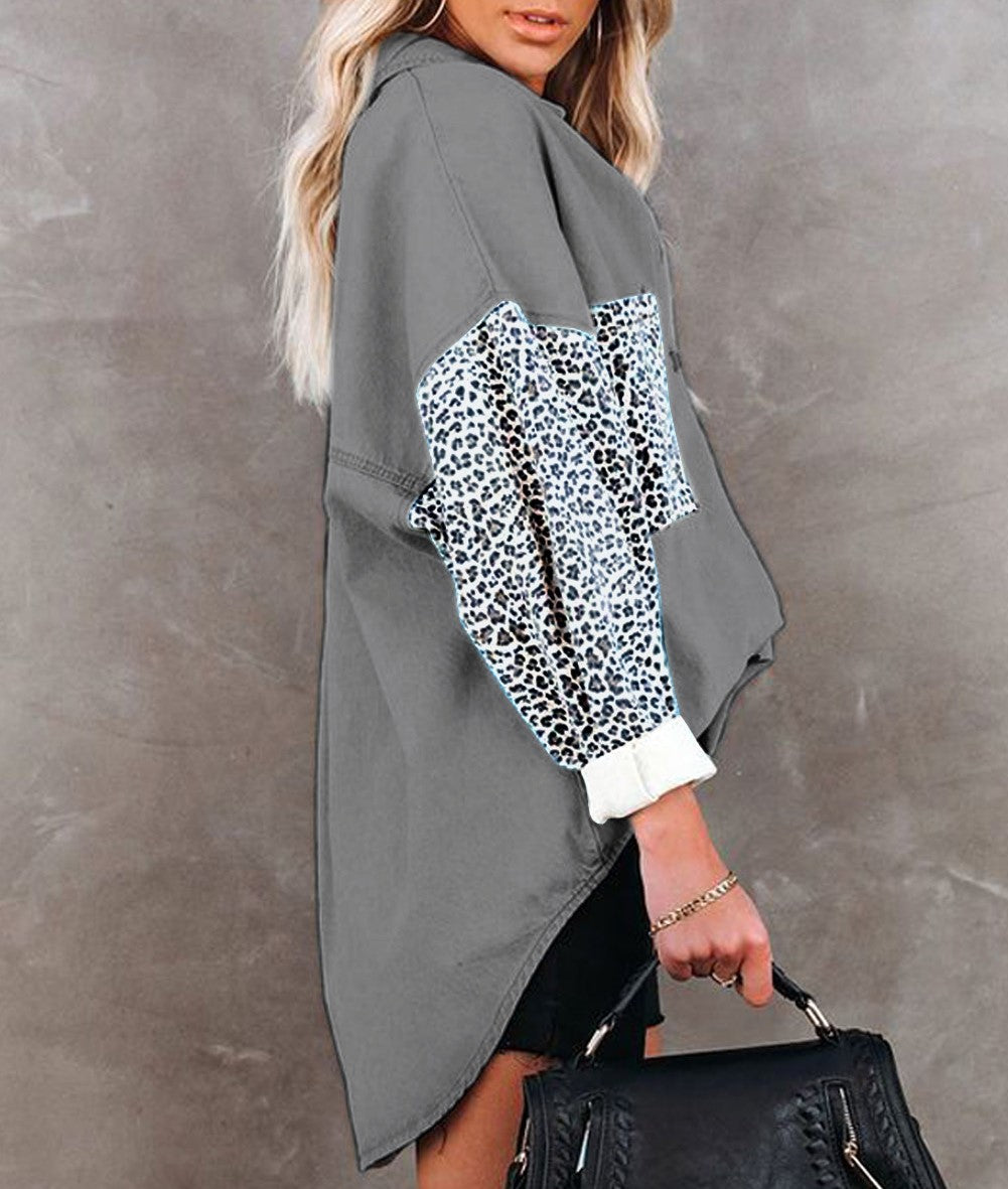 Contrast Leopard Denim Jacket