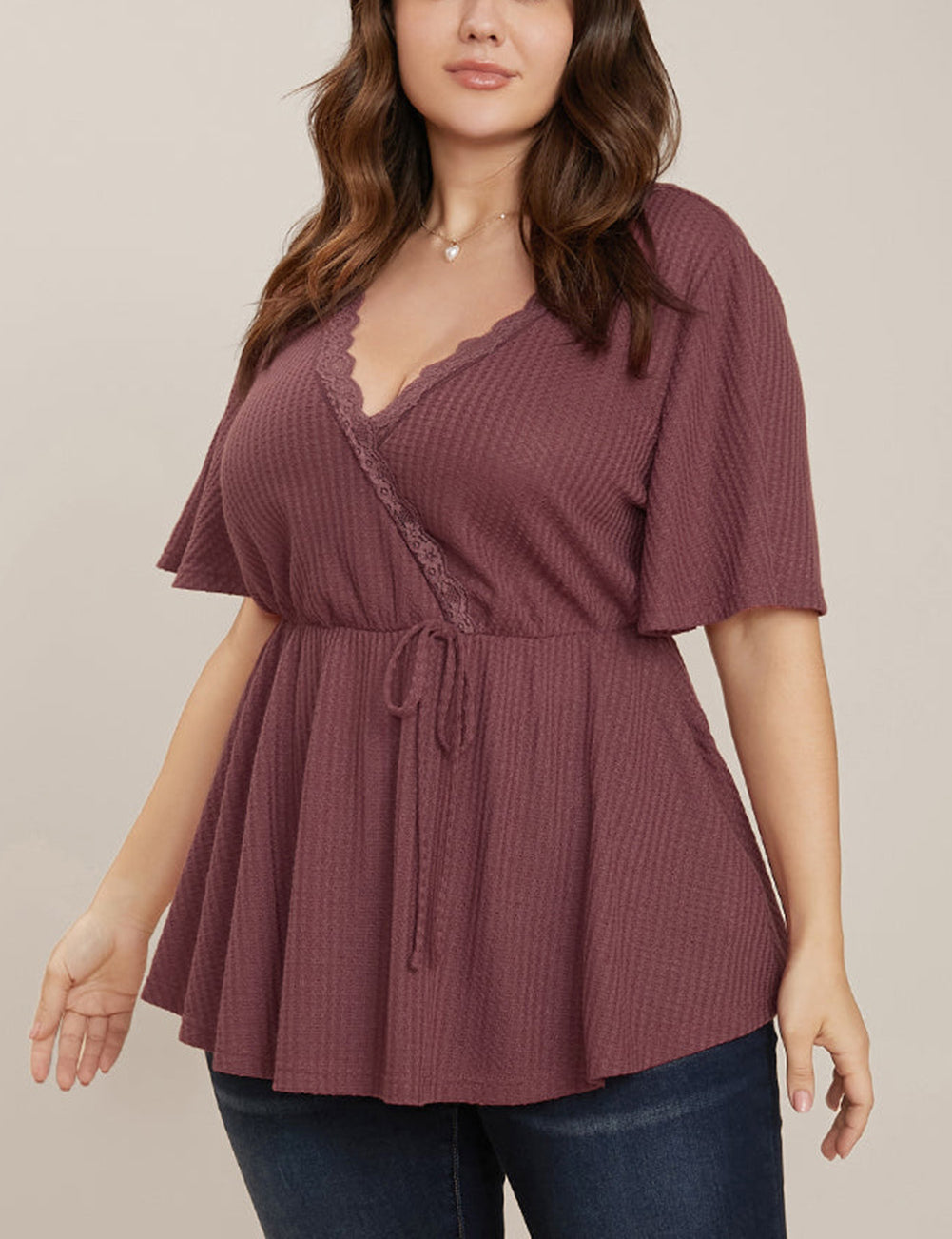 Red Plus Size Waffle Knit Lace V Neck Wrap Top