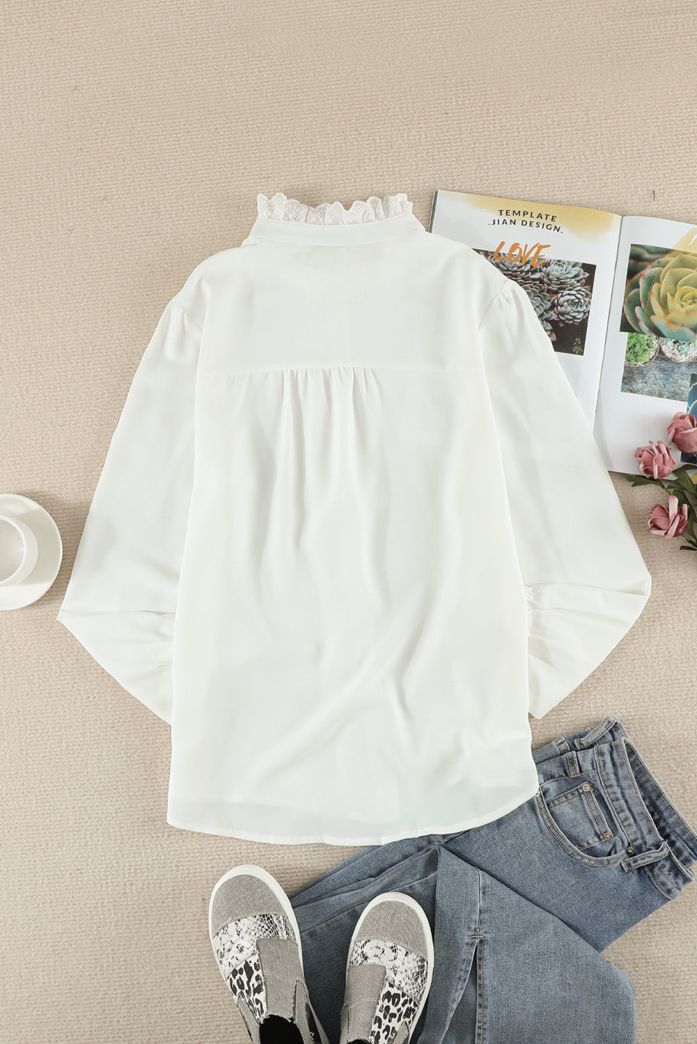 Solid Color Lace Frilled Trims Long Sleeve Shirt