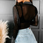Black Rhinestone Sheer Mesh Long Sleeve Bodysuit