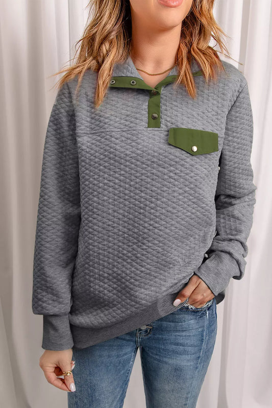 Quilted Snaps Stand Neck Sweatshirt with Fake Front Pocket