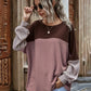 Contrast Splice Waffle Long Sleeve Casual Top For Women