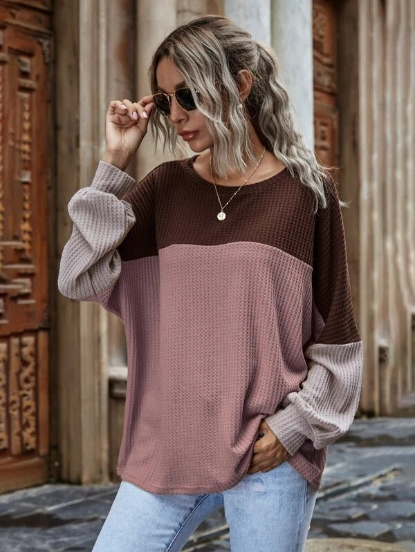 Contrast Splice Waffle Long Sleeve Casual Top For Women