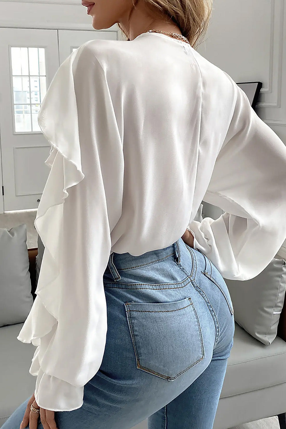 White Ruffles V Neck Puff Sleeve Shirt