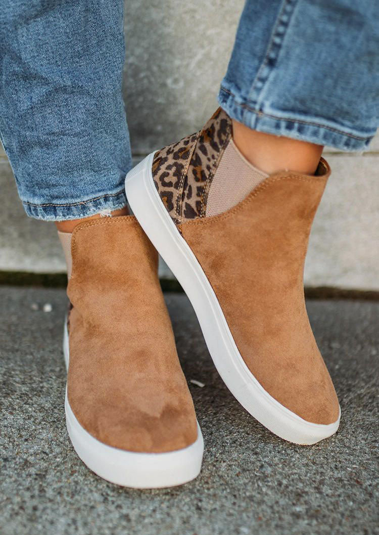 Brown Leopard Color Block Faux Suede Slip On Shoes