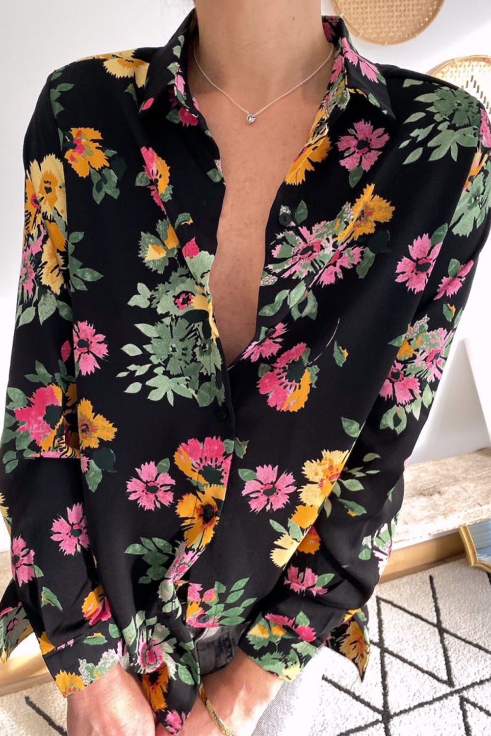 Black Retro Floral Print Button Up Long Sleeve Shirt