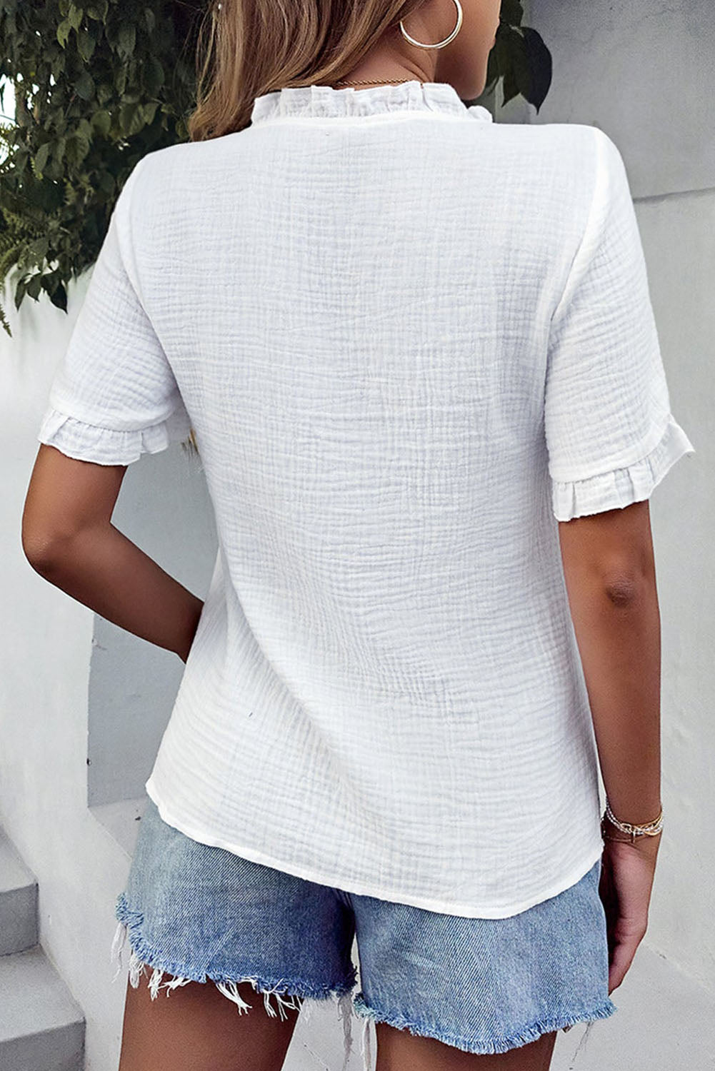 White Frill Trim Crinkle Button Up Shirt