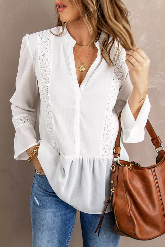 Lace Ruffed Long Sleeve V Neck Shirt
