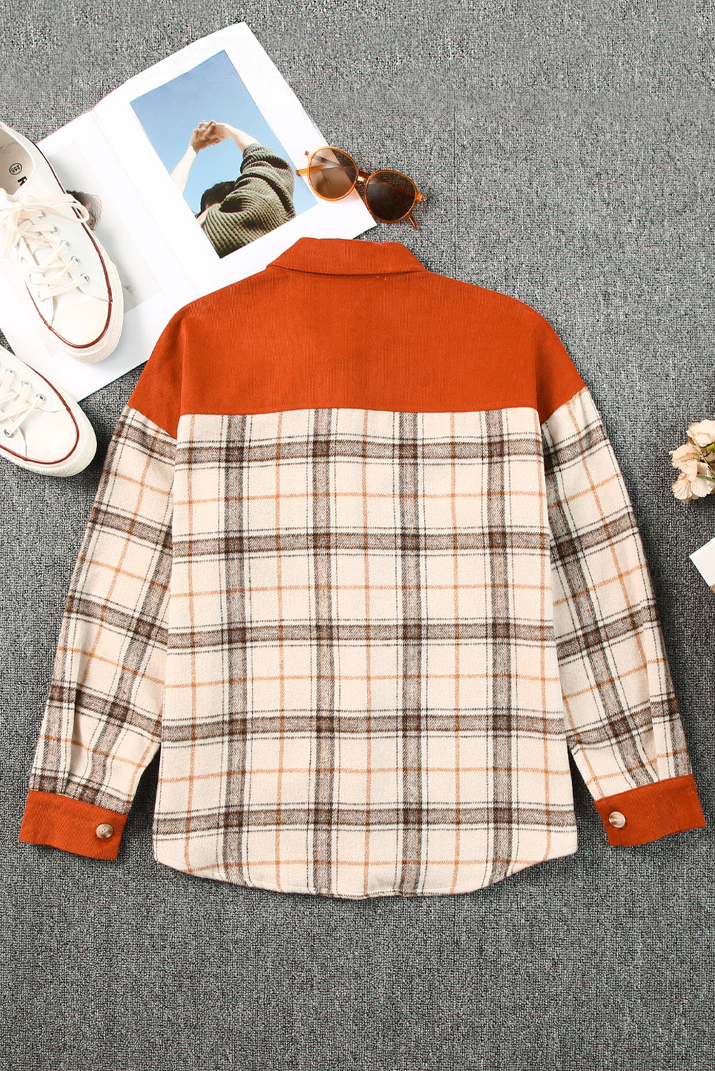 Orange Contrast Corduroy Plaid Shacket