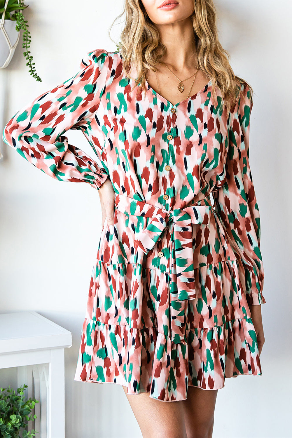 Multicolor Fun Camo Print Tie Waist Flared Tiered Dress