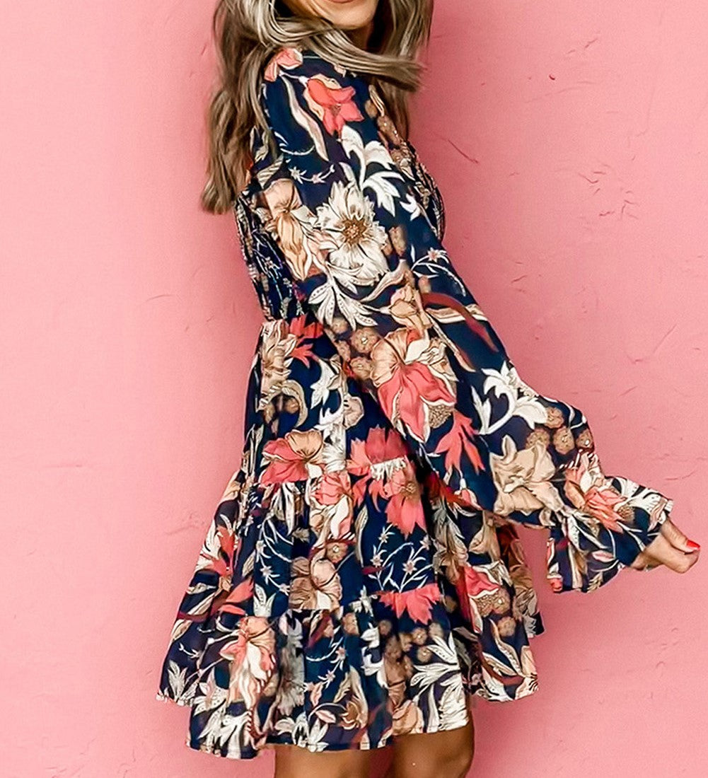 Floral Tiered Long Puff Sleeve Mini Dress