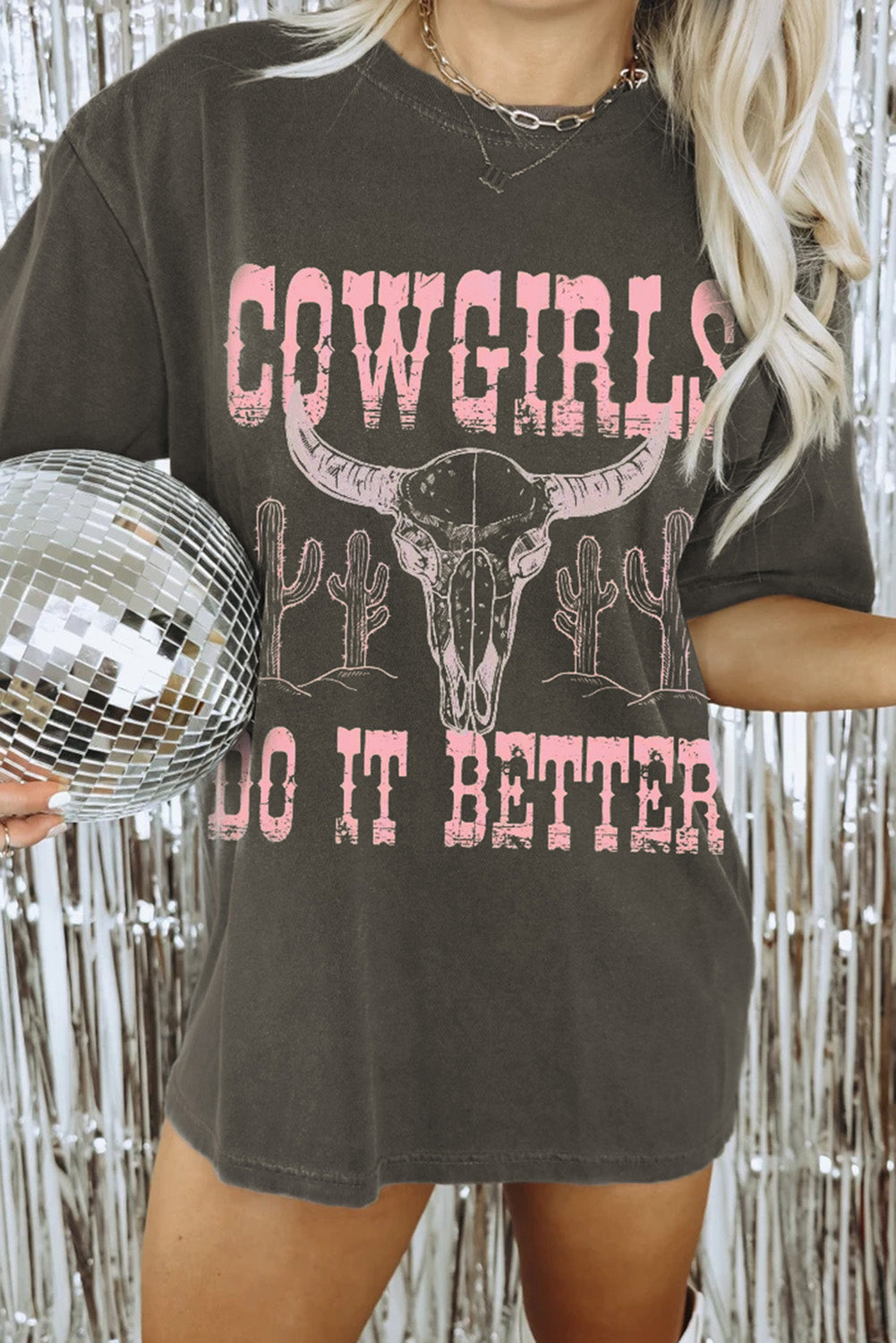 Gray COWGIRLS DO IT BETTER Graphic Print Oversized T Shirt
