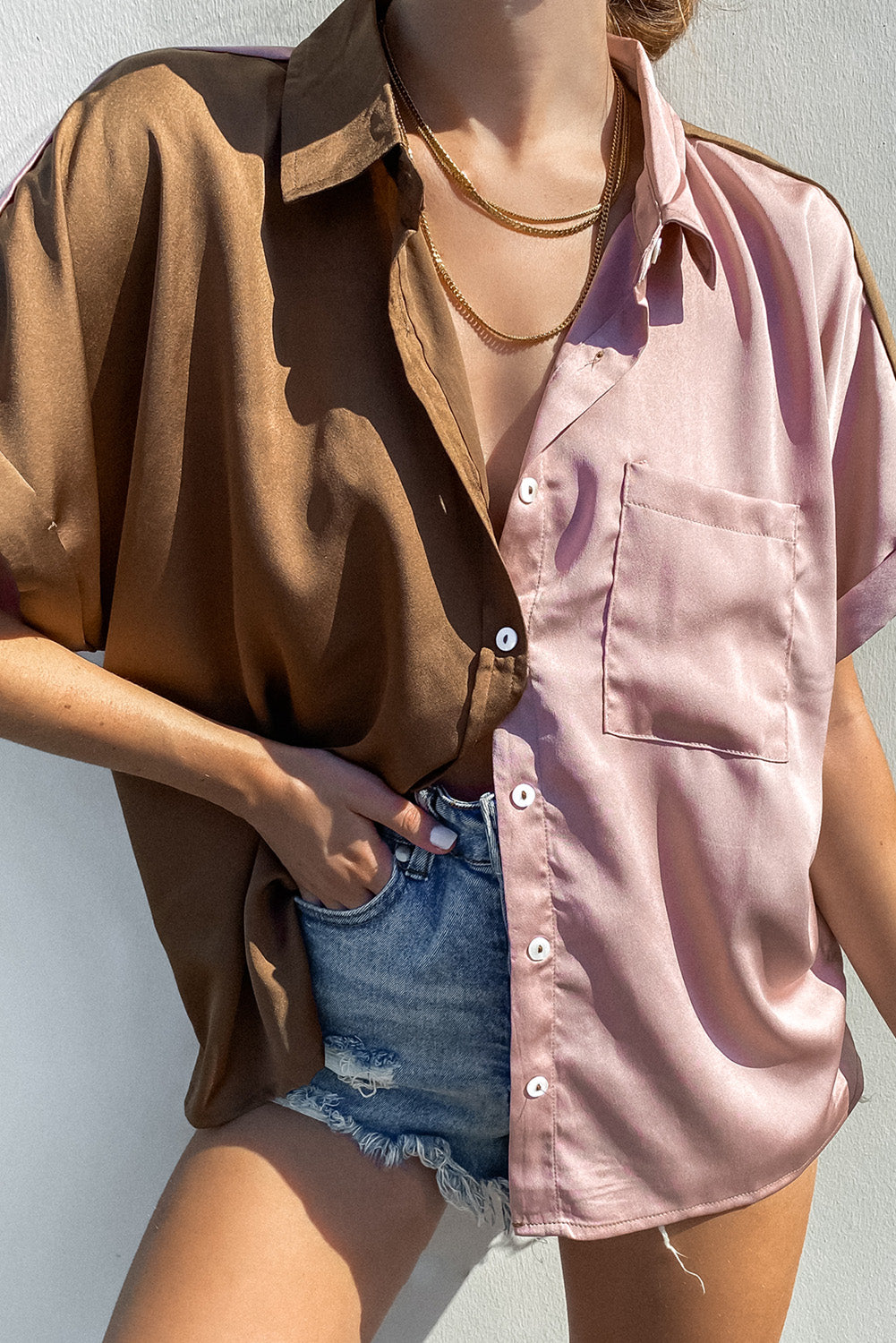 Multicolor Satin Color Block Short Sleeve Shirt