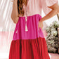 Pink Tie Button V Neck Short Flowy Sleeve Tiered Dress